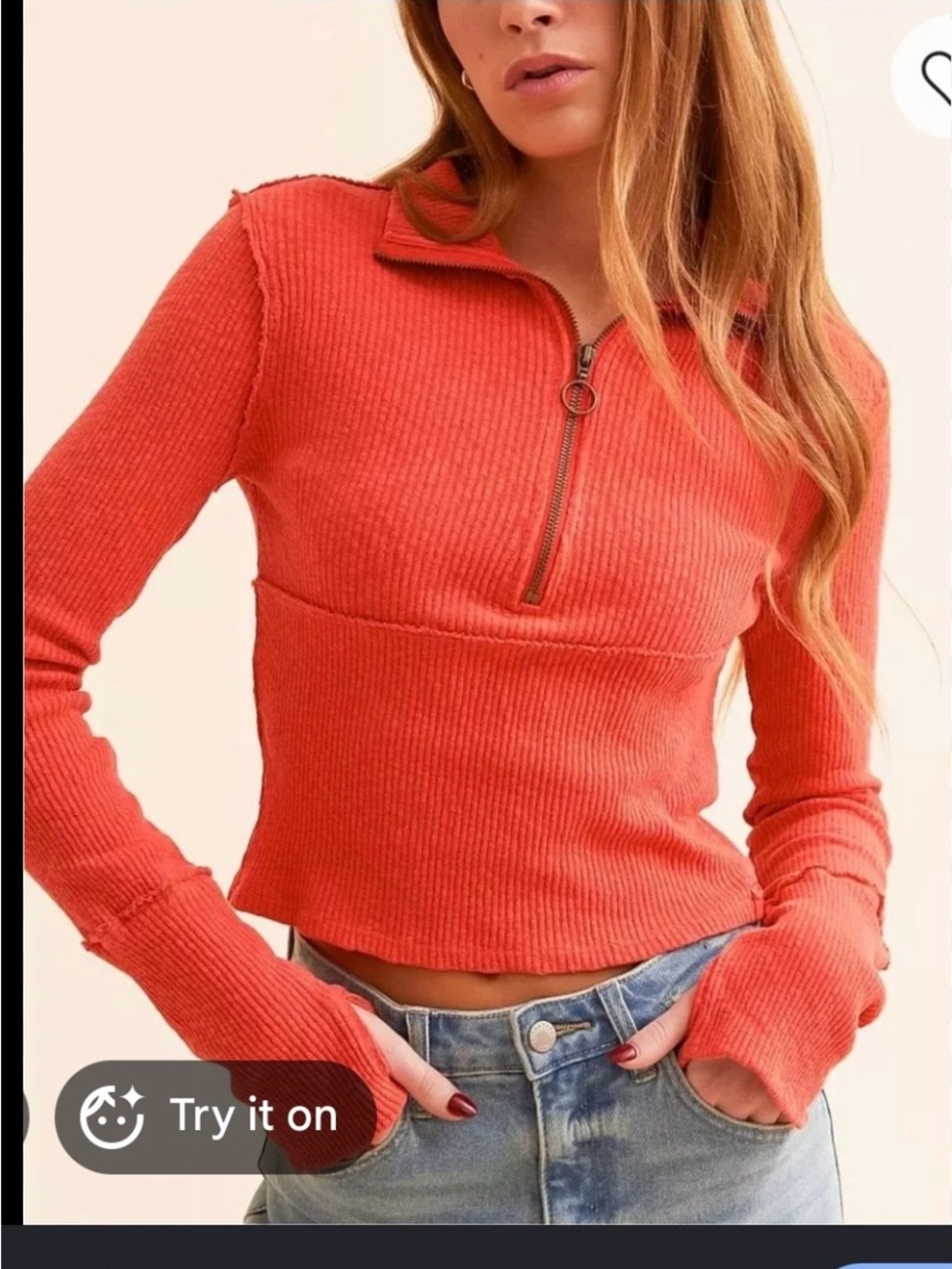 We The Free Bright Red/Orange Ribbed Half-Zip